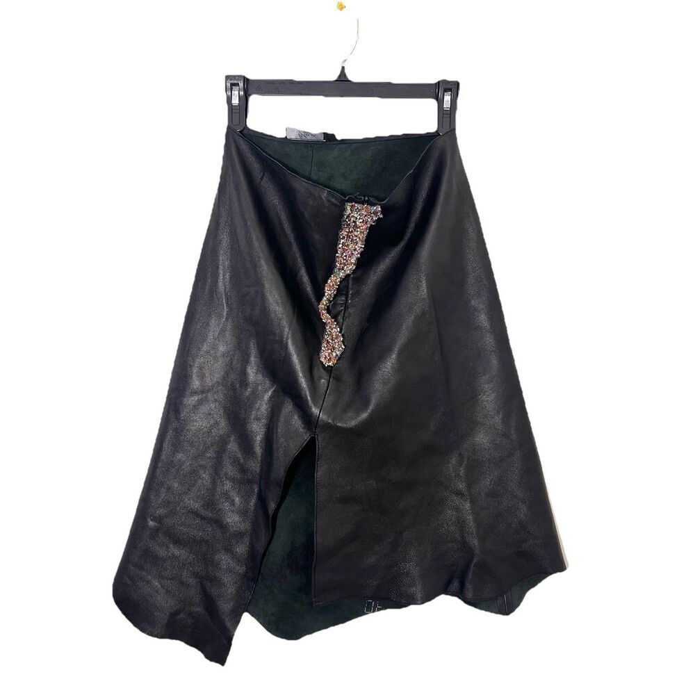 Y2K Genuine Leather Skirt Womens Asymmetric Beaded Front Slit Black Size 6